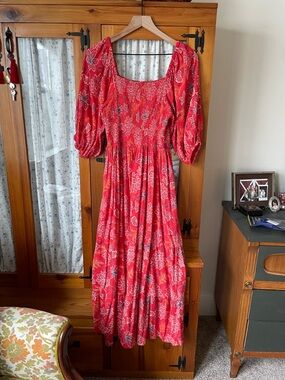 Angie Coral Floral Puff-Sleeve Smocked Maxi Dress